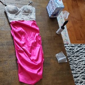 Black/white pinstripe boddess with hot pink